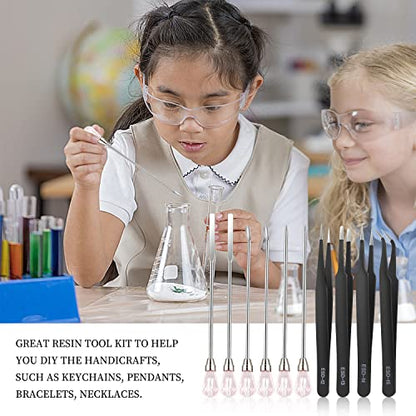 11 Pcs Resin Spoon Tools Kit-Metal Stir Sticks Resin Spoons Poke Needle with Anti-Static Stainless Steel Precision Tweezers Set for Resin Crafts,Jewelry Making,DIY Epoxy Silicone Resin Molds(Pink) - color: Pink & Black