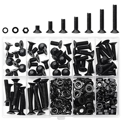 HELIFOUNER 240 Pieces M5 x 6mm /8mm /10mm /12mm /16mm /20mm /25mm, Countersunk Head Socket Cap Screws Bolts Washers Nuts Kit, 10.9 Grade Alloy Steel, Full Threaded, Black - size: M5, style: Countersunk Head