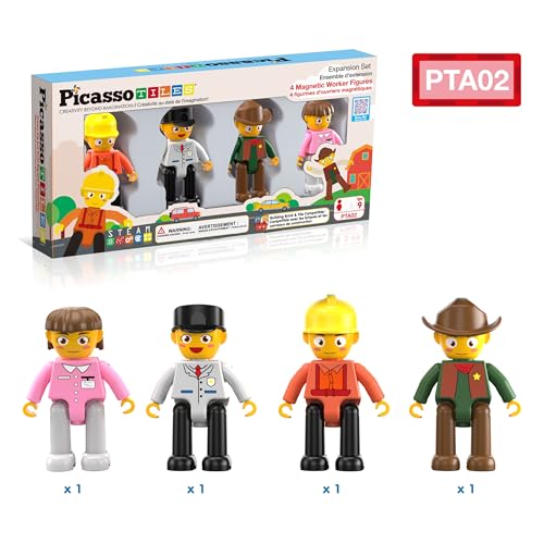 PicassoTiles Profession Character Action Figures Toddler Toy Set Pretend Play Magnet Expansion Pack Add-on STEM Construction Building Block Tile PTA02 - color: 4 Pcs Profession
