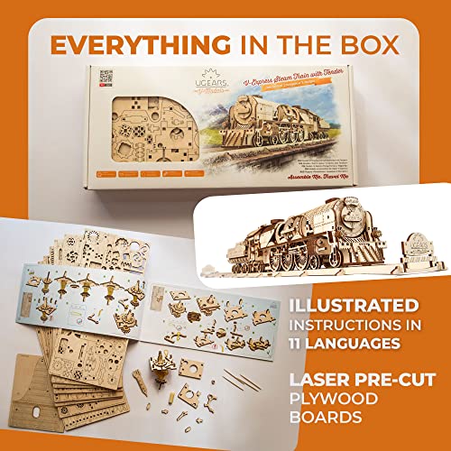UGEARS V-Express Steam Train with Tender 3D Wooden Puzzles for Adults - Wooden Model Kits for Adults Model Train Steam Engine Kit Brain Teaser, Hobby Set Home Decoration