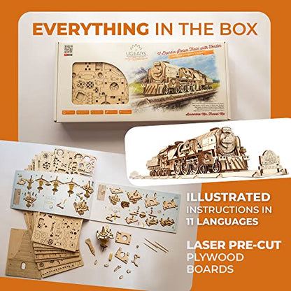 UGEARS V-Express Steam Train with Tender 3D Wooden Puzzles for Adults - Wooden Model Kits for Adults Model Train Steam Engine Kit Brain Teaser, Hobby Set Home Decoration