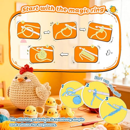 Joyclub Crochet Kit for Beginners 4 Chicken Family with Video for Adults - color: Crochet Chicken