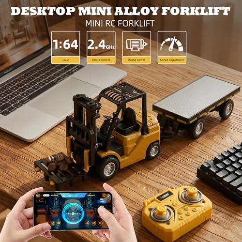 Rc Mini Forklift Toy, 1:64 Alloy Remote Control Forklift 3 Speed & Auto Demo, 10CH Forklift 3 in 1(Fork, Hook, Trailer) with Rubber Tires & Sound Off, Gift for Adults Kids