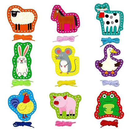 SpriteGru 9 Pieces Kids Lacing Cards, Double Sided Sewing Cards in 9 Farm Themed Cards with 9 Colorful Laces, Imagination Development Lacing Toys Games for Children Educational and Learning Activity - color: Farm Themed-A