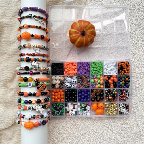 LLchunyun Halloween Beads for Bracelet Making Kit,2069Pcs Clay Bead Acrylic Beads for Jewelry Making Pumpkin Gold Spacer Seed Bead with Charms Friendship Bracelets Making Kit for Halloween DIY Crafts