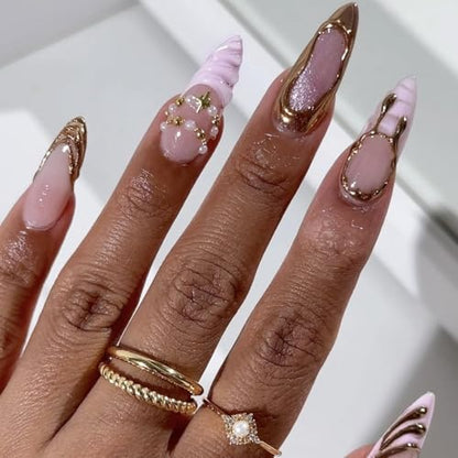 Almond Press on Nails Long Pink Fake Nailwith 3D Charms Acrylic Nail Press ons Golden Embossed Stick on Nails for Women 24pcs - color: Color01