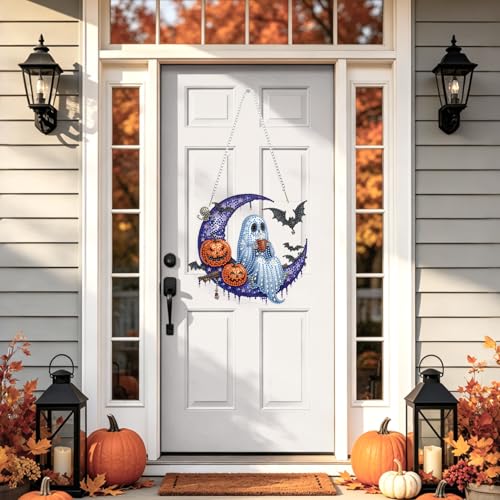 NAIMOER Halloween Diamond Art Hanging Kits for Adults, Ghost Moon 5D Special Shaped Rhinestone, DIY Acrylic Diamond Art Painting Window Pendants Home Garden Wall Hanging Ornament Kits, Double Sided - color: Halloween Ghost Moon