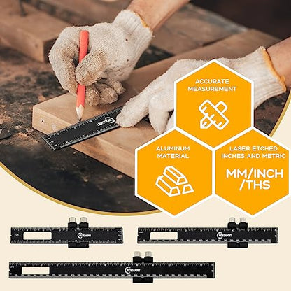 3PCS Black Metal Woodworking Ruler, Adjustable 6/8/12 Inch Precision Pocket Slide Ruler,Inch and Metric Measuring Ruler for Woodworker (Black) - color: Black