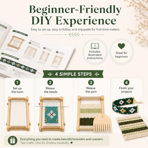 TMEGMIC 2-in-1 Wooden Bead Loom Kit, Bracelet and Coaster Weaving Kit with - color: Emerald Green Kit