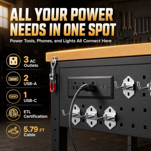 60" Heavy Duty Foldable Workbench with Transformable Wheels Adjustable Height, Rubberwood Table & Carbon Steel Frame with Pegboard, Max Load 2500 LBS for Garage, Woodworking, Office, Home - size: Large