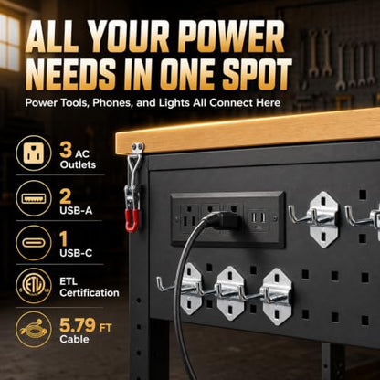 60" Heavy Duty Foldable Workbench with Transformable Wheels Adjustable Height, Rubberwood Table & Carbon Steel Frame with Pegboard, Max Load 2500 LBS for Garage, Woodworking, Office, Home - size: Large