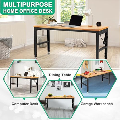 HABUTWAY Height Adjustable Workbench, 60"x20" 2000 Lbs Capacity Solid Wood Work Station Heavy-Duty, with Power Outlets, for Garage Party Shop Office - size: 60"x20"x38.4"