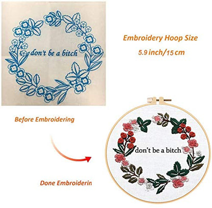 Louise Maelys Cross Stitch Kit Full Range DIY Floral Wreath with Funny Sayimg Embroidery Kit for Beginner - color: Floral-1