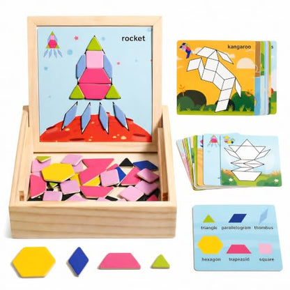 Magnetic Pattern Blocks Wooden Shape Puzzles for Kids Early STEM Learning