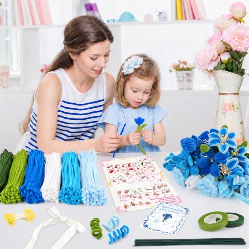 Anyeve Pipe Cleaners Flower Kit, 600 PCS Pipe Cleaners Craft for 6 Color, Easy to Bend and Fold, with a High Plush Density, Has Hot Melt Glue,Sturdy and Durable, for DIY Crafts and Bouquet Making - color: 600PCS-Blue