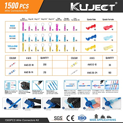 Kuject Ultimate Heat Shrink Wire Connectors, 1500PCS Waterproof Electrical Spade Connectors kit, Insulated Crimp Ring Fork Spade Terminal T-Tap Solder Butt Splice Connector for Marine Boat Truck