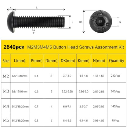 2640PCS M2M3M4M5 Metric Hex Socket Button Head Screws Assortment Kit - size: M2M3M4M5 2640pcs