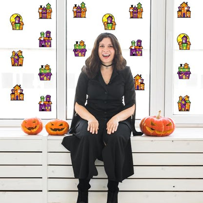 Renbuzhu 36PCS Halloweens Crafts Bulk: Haunted House Paper Suncatchers DIY Kit Party Activities Decorations, Window Stained Glass Effect Art Supplies - style: haunted house