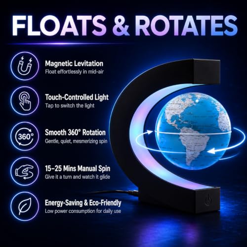 Magnetic Levitation Rotating World Globe with LED Light and Touch Control - color: Light Blue Glow Color-Changing