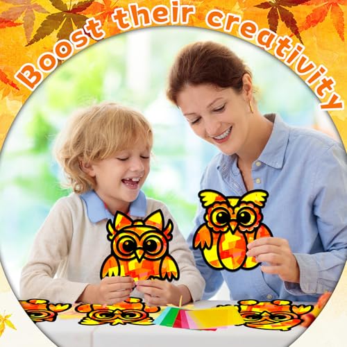 QOUBAI 32 Sets Fall Owl Suncatchers Craft Kit DIY Window Stained Glass Effect Autumn Owl Paper Crafts Home School Classroom Decoration Kid Birthday Gift Creative Art Project Activity Game - style: Fall Owl