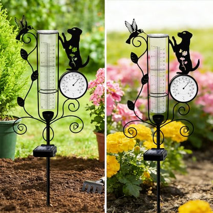 YJFWAL Metal Dog Solar Rain Gauge Outdoor with LED Light and Thermometer - color: Dog