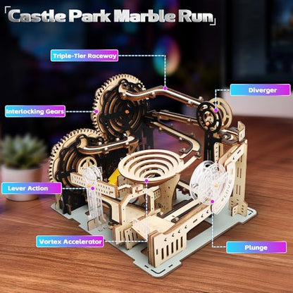 Motorized 3D Wooden Puzzles Marble Run Set for Adults & Teens, Mechanical Marble Run Model Kit to Build, Fun STEM Engineering Gift & Unique Desktop Decor, Christmas Birthday Gift