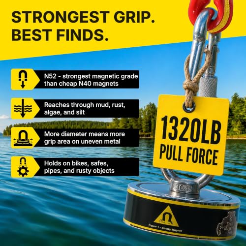 1320LB’s Complete Magnet Fishing Kit | Double Sided Fishing Magnet Kit with Case | Includes Strong Neodymium N52 Magnets, Durable 65ft Rope, Carabiner, Gloves, Grappling Hook & Carry Case - size: 1320 LB Double Sided Magnet Kit