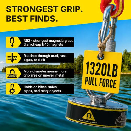 1320LB’s Complete Magnet Fishing Kit | Double Sided Fishing Magnet Kit with Case | Includes Strong Neodymium N52 Magnets, Durable 65ft Rope, Carabiner, Gloves, Grappling Hook & Carry Case - size: 1320 LB Double Sided Magnet Kit