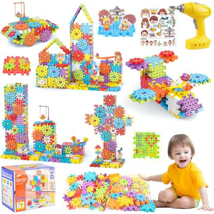 Pycoal Gears Building Blocks, STEM Educational Toys 234 PCS Gears Building Toys Kids Tool Set with Electric Drill, Electric Gear Building Blocks Birthday Gifts for Kids Age 3+