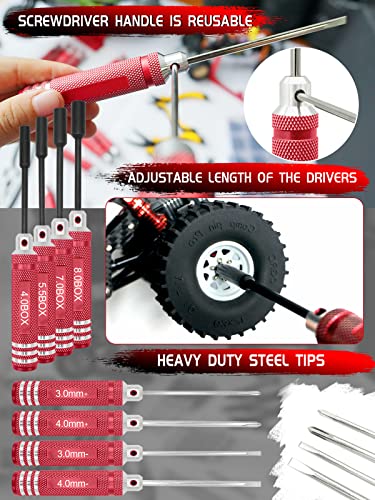 RC Tool Kit, 1/10 1/8 RC Tool, RC Car Boat Helicopter Repair Tools - 27pcs - color: Red