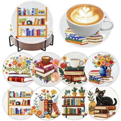 8 Pack Diamond Art Coasters,Bookshelf Diamond Painting Coasters Kits - color: Bookshelf Coasters-a