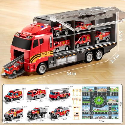 NIPLOOOW Kids Boys Toys for 3-5 Years Old, Fire Truck Vehicle Set with Play Mat and Die-Cast Toy Car, Transport Carrier Truck for Kids 3-5, Birthday Gifts Toys for 3-8+ Year Old Boys - style: Fire truck