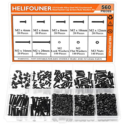 HELIFOUNER 560 Pieces M2 x 4mm /6mm /8mm /10mm /12mm /16mm /20mm, Countersunk Head Socket Cap Screws Bolts Washers Nuts Kit, 10.9 Grade Alloy Steel, Full Threaded, Black - size: M2, style: Countersunk Head