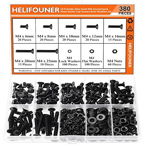 HELIFOUNER 380 Pieces M4 x 6mm /8mm /10mm /12mm /16mm /20mm /25mm, Countersunk Head Socket Cap Screws Bolts Washers Nuts Kit, 10.9 Grade Alloy Steel, Full Threaded, Black - size: M4, style: Countersunk Head