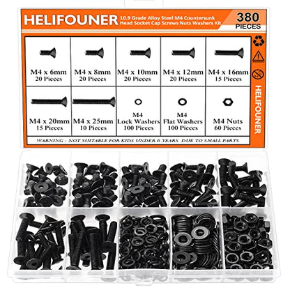 HELIFOUNER 380 Pieces M4 x 6mm /8mm /10mm /12mm /16mm /20mm /25mm, Countersunk Head Socket Cap Screws Bolts Washers Nuts Kit, 10.9 Grade Alloy Steel, Full Threaded, Black - size: M4, style: Countersunk Head