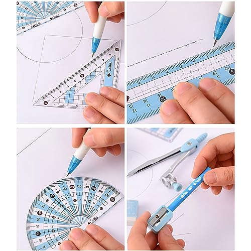 8 Pieces Math Geometry Kit Set Student Supplies with Shatterproof Iron Box Geometry Set for School, Includes Ruler, Protractor, Compass, Pencil,Pencil Sharpener and Eraser,etc