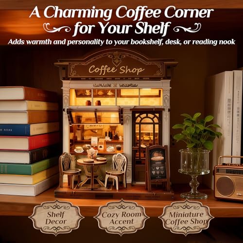 Book Nook Kit, DIY Miniature House Kit for Adults & Teens, Cozy Coffee Shop Scene Bookshelf Insert Decor with LED, 3D Wooden Puzzle Gift for Book Lovers (Coffee Shop) - style: Coffee Shop