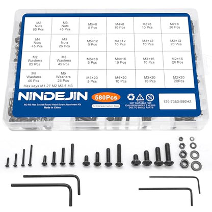 NINDEJIN 580pcs M2 M3 M4 M5 Hex Socket Cap Screws Set, 8 12 16 20mm Screw Bolts and Nuts Assortment Kit, 304 Stainless Steel Metric Hex Socket Screws and Nuts and Flat Wahser Set, Fully Machine Thread - size: 580Pcs M2-M5 8mm-20mm