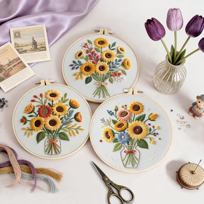 Uniartfy 3 Sets Sunflower Embroidery Kits for Beginners, Needlepoint Kits for Adults, Cross Stitch Kit with Cloth, Hoop, Threads and Instruction, Easy to Learn Embroidery Starter Kit for Craft Lover - color: Embroidery Kit-K