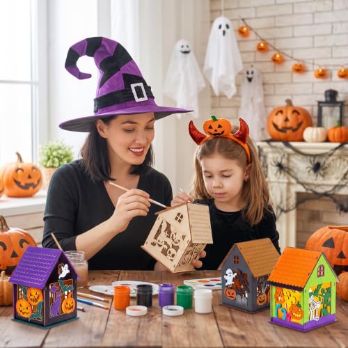 Jenaai 12 Sets Halloween Wooden Houses to Paint, Pumpkin Ghost Village - style: Halloween