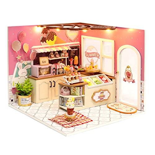 Flever DIY Miniature House Kit, Tiny Home Kit with LED Light, Mini House Build Craft Kits for Adults and Teens, Home Decor Creative Gift for Family/Friends (Happiness ice Cream Shop) - color: Happiness Ice Cream Shop