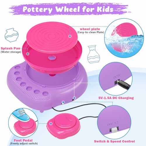 Pottery Wheel for Kids with Air Dry Clay Kit, 12 Paints & Tools, Ages 6-12 - color: pink/purple