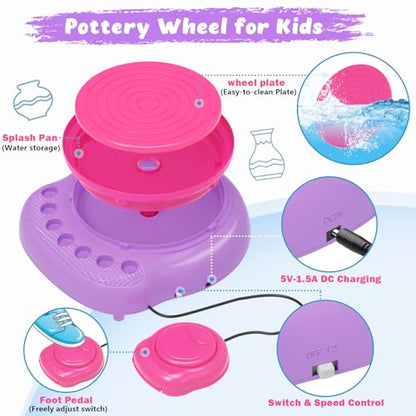 Pottery Wheel for Kids with Air Dry Clay Kit, 12 Paints & Tools, Ages 6-12 - color: pink/purple