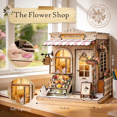 Book Nook Kit DIY Miniature House – 3D Wooden Puzzle Bookshelf Insert with LED Lights, Tiny Dollhouse Building Model Craft Kit, Unique Book Nook Decor Gift for Adults, Teens, Book Lovers - style: Flower Shop