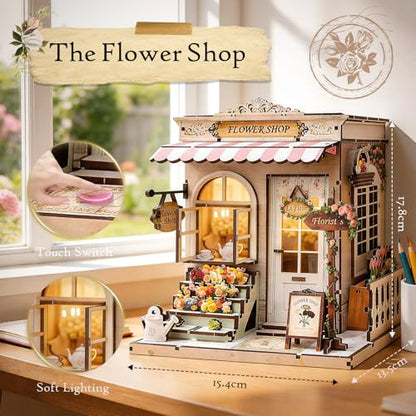Book Nook Kit DIY Miniature House – 3D Wooden Puzzle Bookshelf Insert with LED Lights, Tiny Dollhouse Building Model Craft Kit, Unique Book Nook Decor Gift for Adults, Teens, Book Lovers - style: Flower Shop