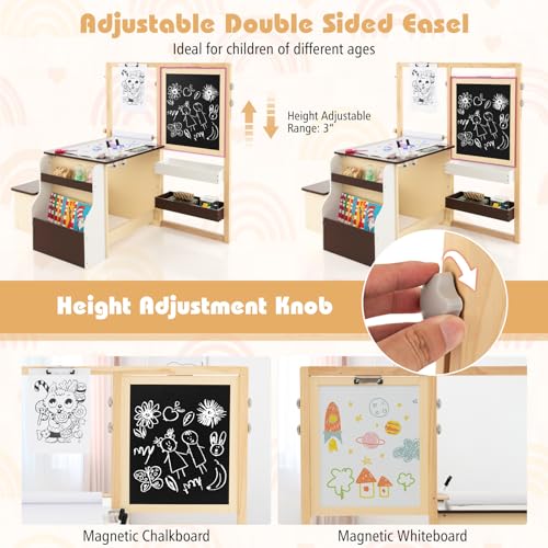 HONEY JOY Kids Art Easel, 6-in-1 Wooden Double-Sided Toddler Table & Chair Set w/Adjustable Magnetic White Board & Chalkboard, Paper Roll, Bookshelf, Storage, Kids Art Table and Chair (Coffee) - style: Coffee