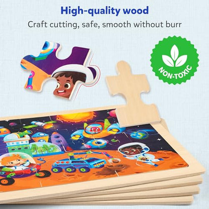 SYNARRY Large Space Planet Solar System Wooden Puzzles for Kids Ages 4-6