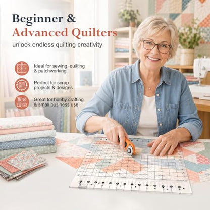 5-in-1 Quilting Ruler - 14.5" x 17.75" Slotted Quilting Ruler for Rotary Cutting, Precision Fabric Strip Guide & Quilting Square Ruler for Sewing Patchwork Quilts - size: 12-1/2in x 14-3/4in