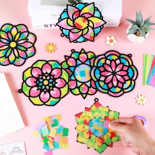 Qyeahkj 36 Set Mandala Suncatchers Crafts for Kids DIY Mandala Window Tissue Paper Craft Kit Art Flower Hanging Decor for Summer Home Activity Art Project Birthday Party Favor Gift - style: Mandala