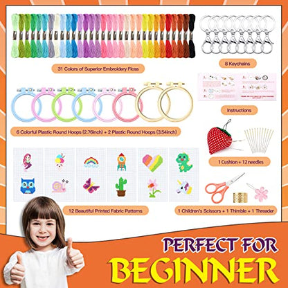 ZOCONE 12 PCS Cross Stitch Kits for Kids 7-13, Beginner Kits with Instructions, Keychains, Embroidery Hoops and Tools, Backpack Charms, Cross Stitch Ornaments
